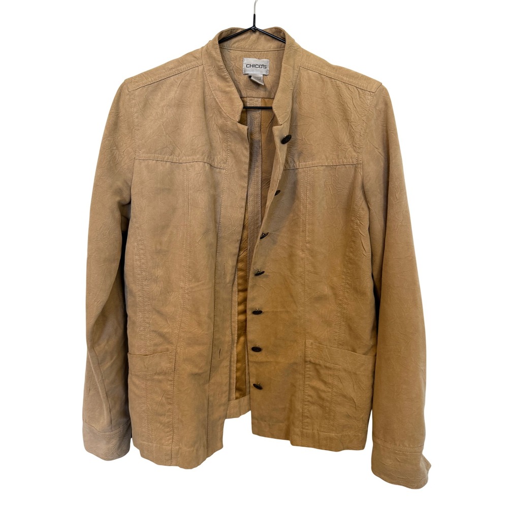 Chico's Jacket Women Size 0 Tan Excellent Crinkle Texture Mandarin Collar Button